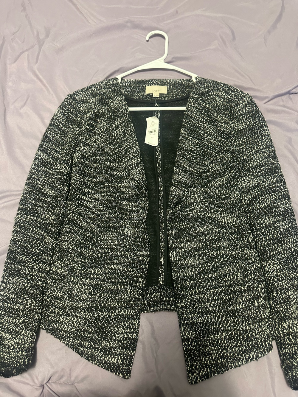 LOFT Black and White Tweed Open Front Jacket